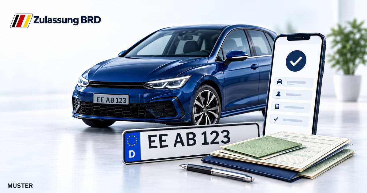 Online Fahrzeugzulassung in Landkreis Elbe-Elster: Musterkennzeichen EE AB 123, Auto und Fahrzeugpapiere und Smartphone. Illustration mit Logo von Zulassung BRD.